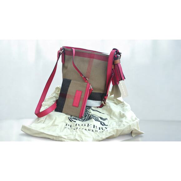 NWT Authentic Burberry Mini Ashby Crossbody Check Print Bag Red Leather Trim - Picture 7 of 8